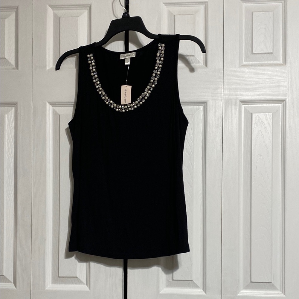 Pretty NWT Dress barn black knit jeweled neck top shirt blouse size LARGE